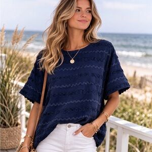 Chico's Textured Navy Short Sleeve Top Size 4 (US XXL) Coastal Resort Wear Artsy